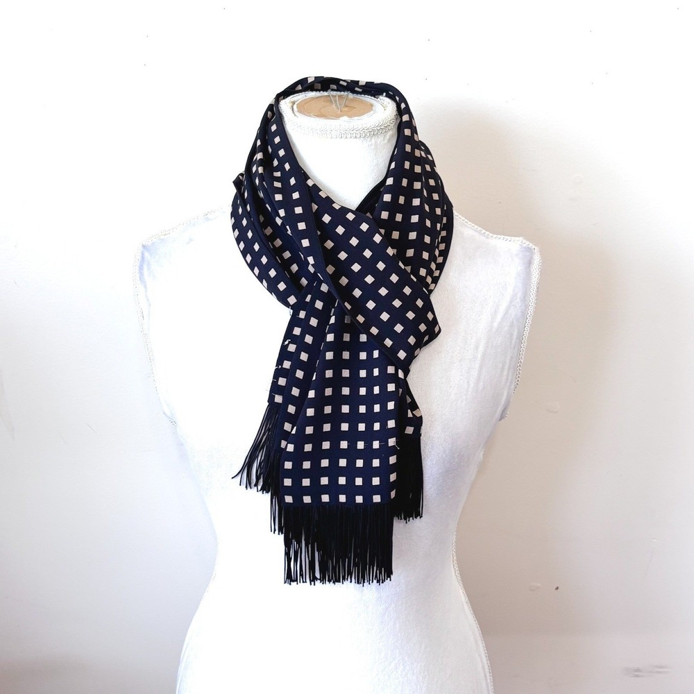 Geometric Fringe Dressy Scarf Black Tan Silky Elegant One Size 8 X 58